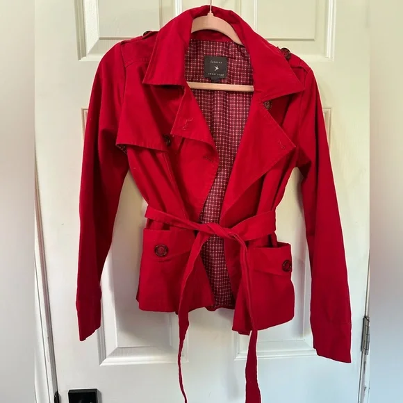 Forever 21 Red Wrap Crop Trench Coat with Belt - Picture 1 of 5